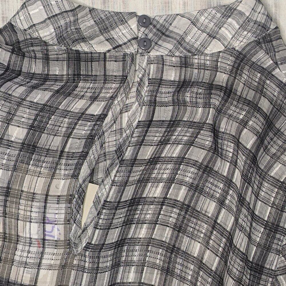MINKPINK NWT Preppy Semi Sheer Check Plaid Blouse High Neck Ruffle Black White - Picture 3 of 11